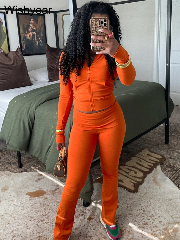 Autumn Orange 2 Piece Pants Women Matching Sets Zip Pocket Crop Tops and Leggings Jogger Trousers Sports Fitness Street OutfIts 241111