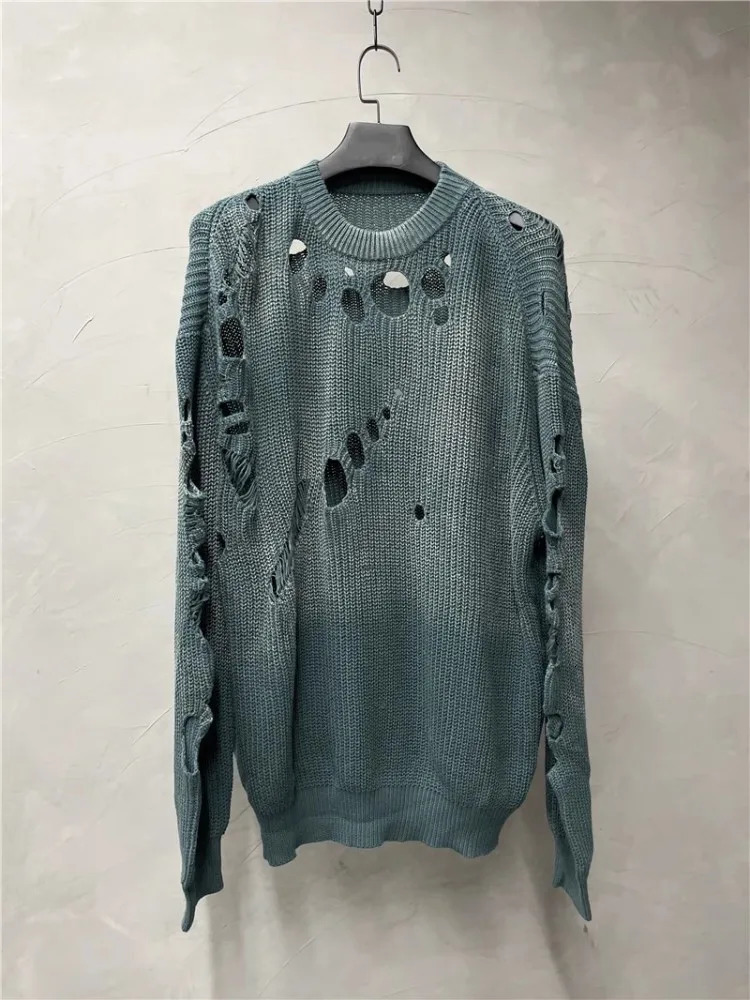 Autumn Vintage N Loose Fit Hole Sweater Mens Casual Long Sleeve Oneck Knit Tops High Street Fashion Pullover Knitwear Male 241111 B4