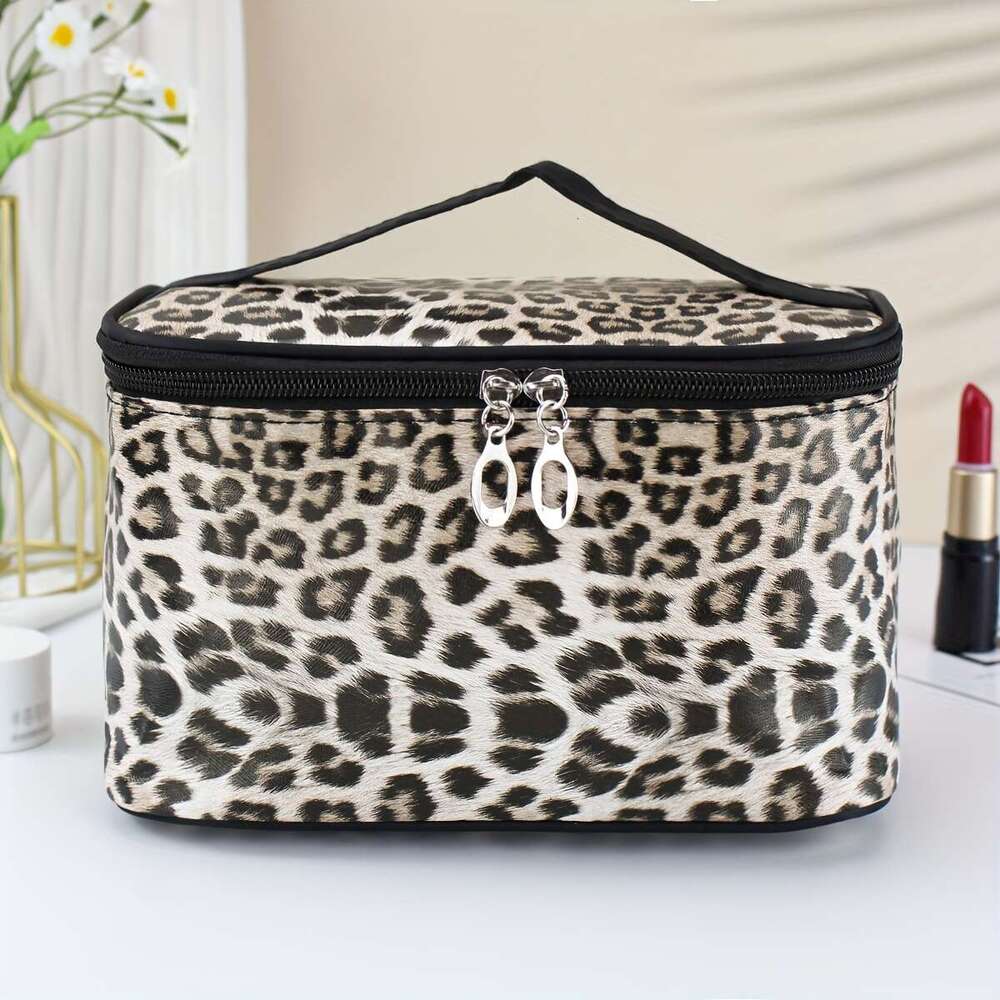 Large Capacity Leopard Print Cosmetic Bag Spacious Square Pouch Organizer with Stylish Makeup Storage Convenient Handle - Perfect for Daily Home Use a