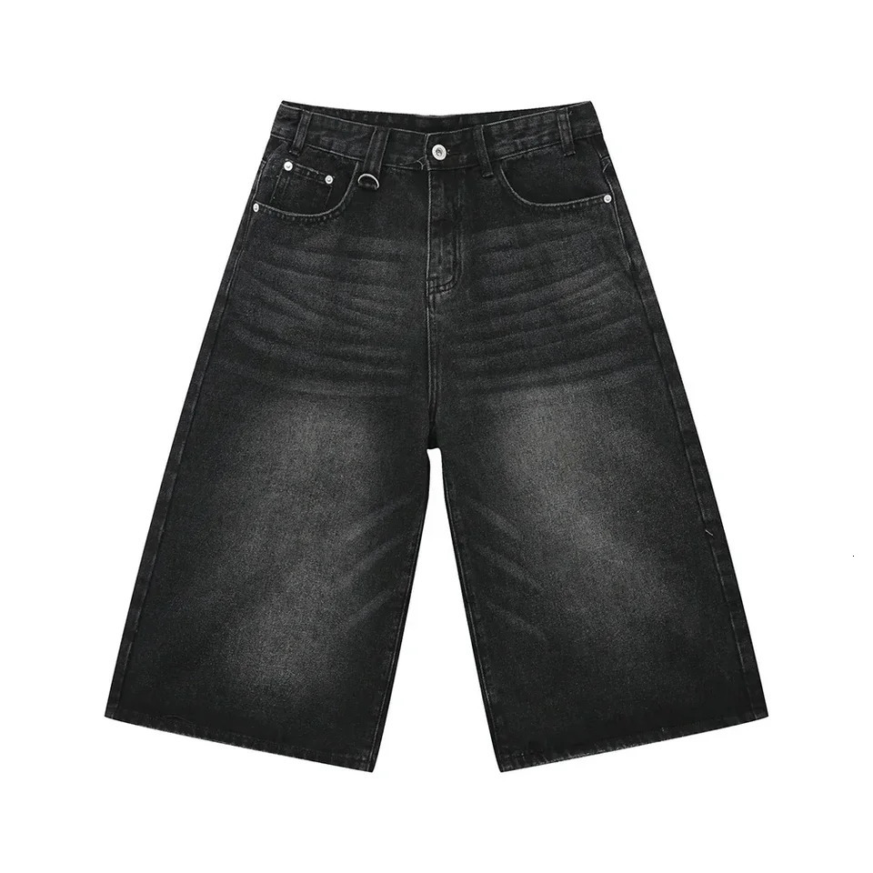 Mens retro Y2k loose fit slim shorts with wide legs and high waist washed knee jeans 241108