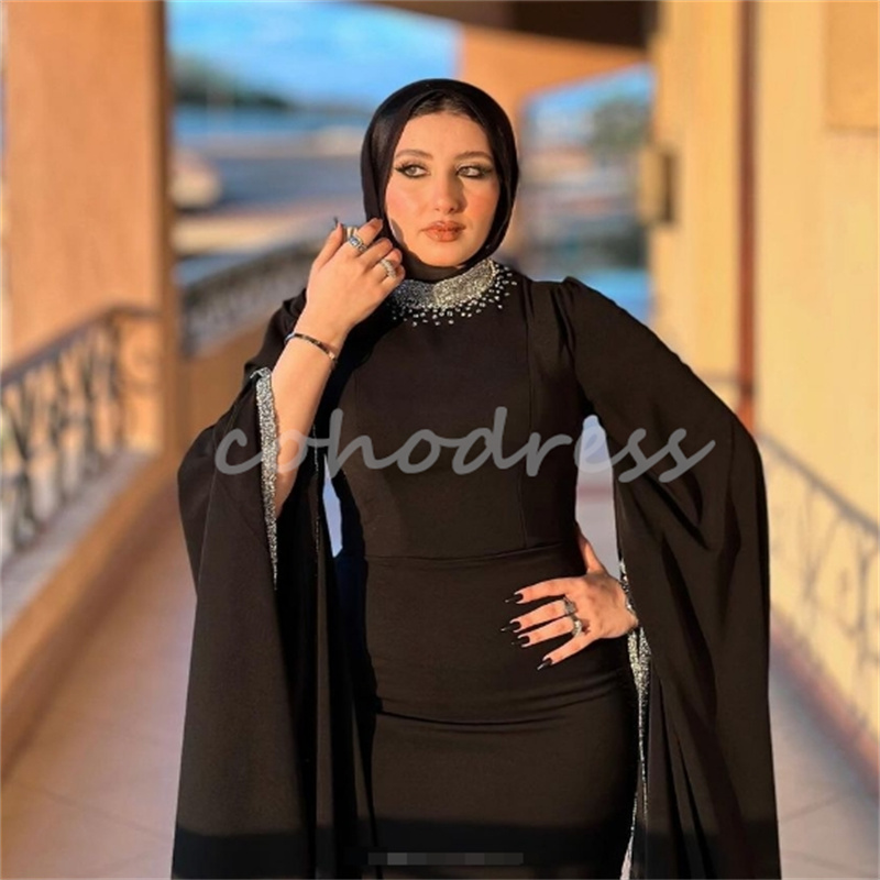Amazing Moroccan Dubai Black Evening Dress With Beaded Sequin Elegant Islamic Muslim Prom Dress Mermaid Formal Party Special Occasion Dress Robe De Ma