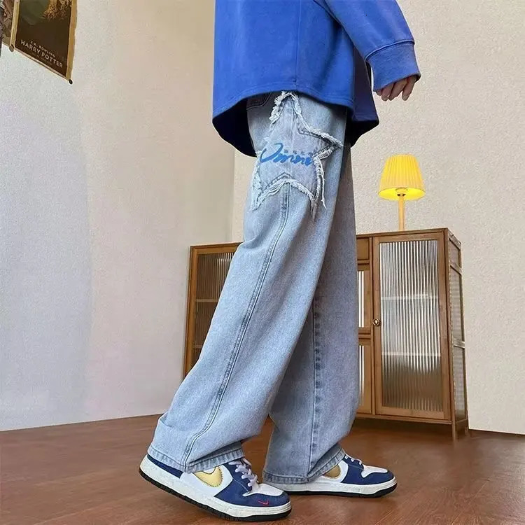 Y2K street hip-hop trend straight wide leg jeans couple casual loose jeans American retro star embroidered mens jeans 241108