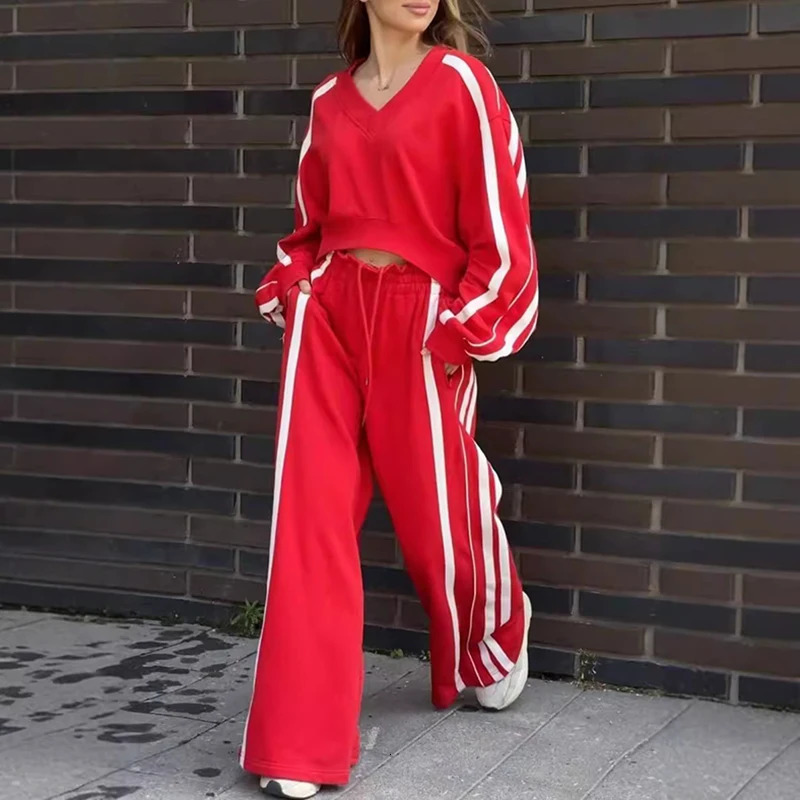 Y2K Style Casual Sportswear Two Piece Set Women V Neck Sweatshirt Pullover Long Pant Suit Outfit Winter Stripe Loose Tracksuit 241111