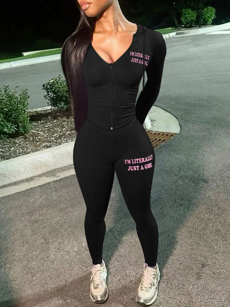 LW Tracksuit for Women Autumn Letter Print Slim Sportswear Woman Casual Hooded Tops Female Skinny Black Twopiece Pants Set 241111
