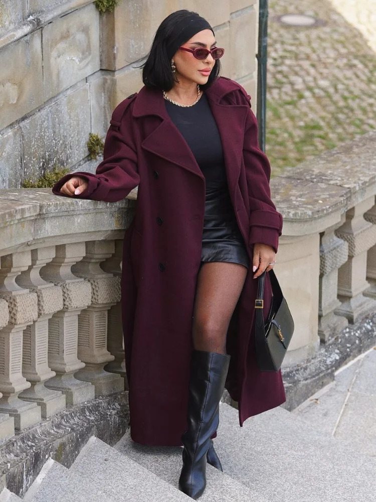 Elegant Burgundy red wool blend long coat with waistband fashionable lapel long sleeved coat autumn and winter office streetwear 241111