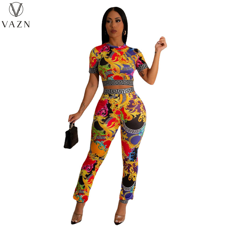 VAZN 2023 Women Street Girl Style Sets New Short Sleeve Round Neck Short Top Elastic Long Pants Printed Lady 2 Piece Set