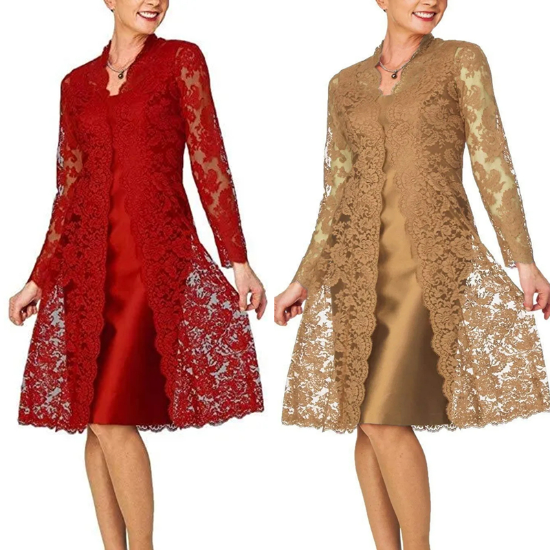 Dark Red Sheath Mother Of The Bride Dresses With Lace Jacket Long Sleeves Knee Length Mother Formal Wear Elegant Wedding Guest Dress For Women 2024