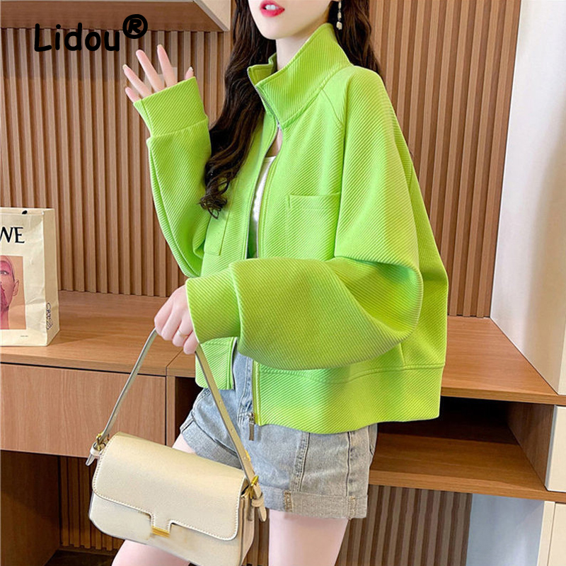 Spring Autumn Korean Style Stand Collar Long Sleeve Top Female Zipper Cardigan Coat Women Casual Kawaii Loose Sweatshirt Jackets