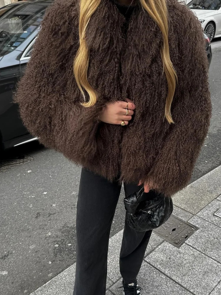 Winter Solid Fluffy Fur Coat Womens Street Collar Faux Fur Jacket Womens Casual Coat 241108