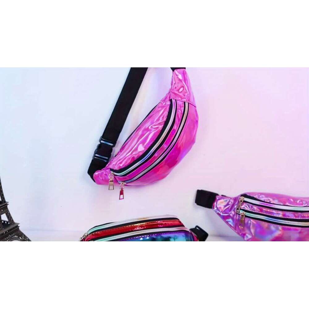 Fashion 12-Pack Vibrant Holographic Fanny Pac Women Waterproof, Adjustable, 3-Pocket Waist Bag with Zipper Closure - Ideal for Sports, Outdoors, Trave