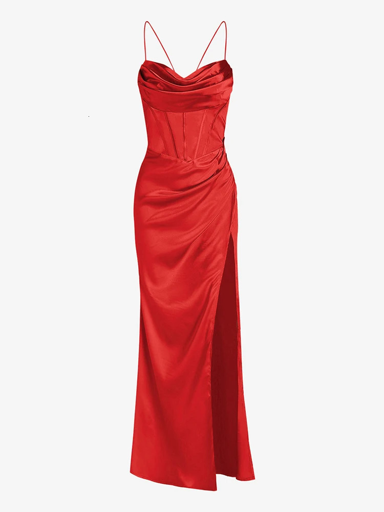 Satin denim front lace tight corset evening gown day and night party elegant womens red Maxi Bodycon sexy 241107