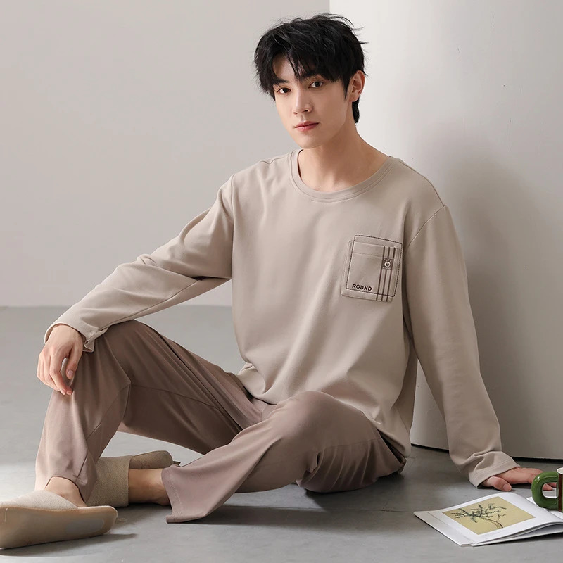Type Pure Cotton Pajamas Suit Autumn Winter Men Longsleeved Largesize Lycra Loungewear Set Male Soft Homewear Gents 241111