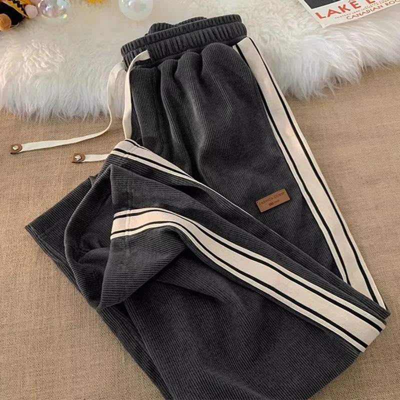 2024 Striped Corduroy Sweatpant Streetwear Drawstring Wide Leg Pants Woman Y2K Harajuku High Waist Baggy Trousers Female 241108