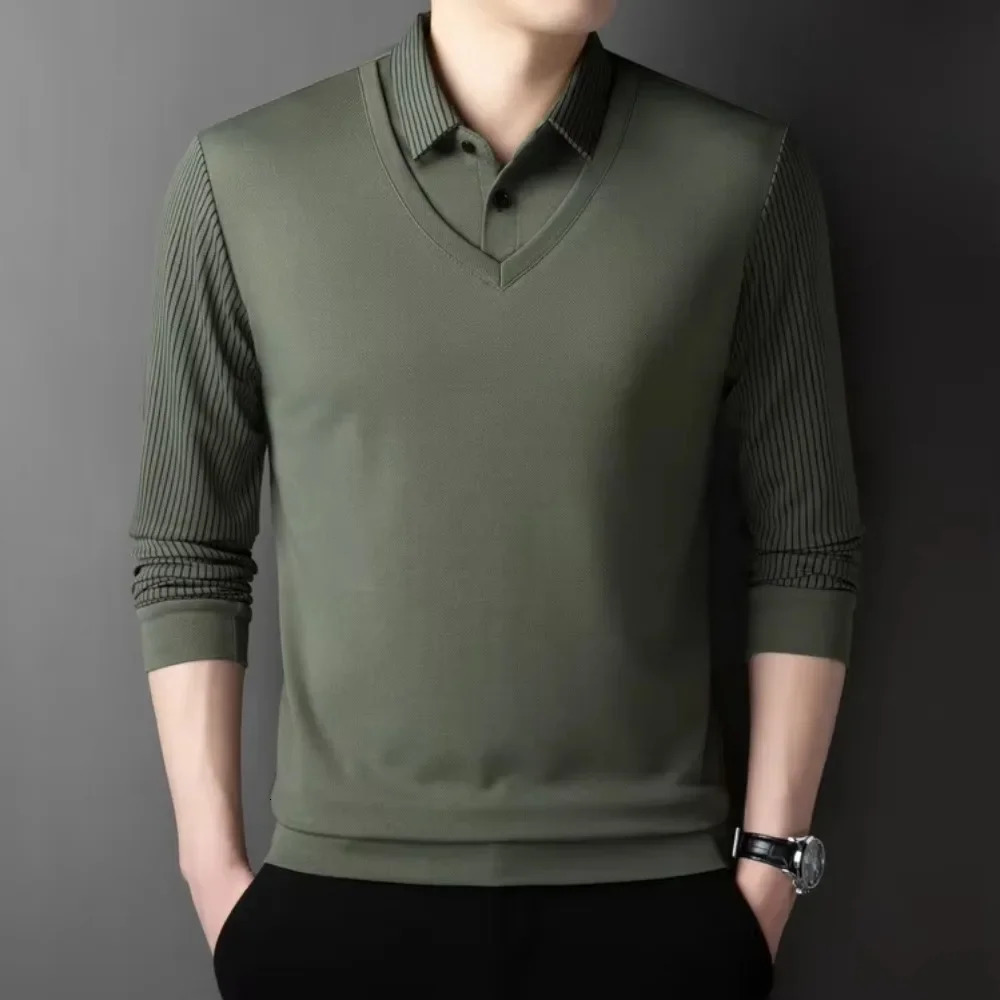 2025 Two Collar Mens Daily Casual Tee Long Sleeve Sweatershirt Pullover Tops Lapel Polo 241111