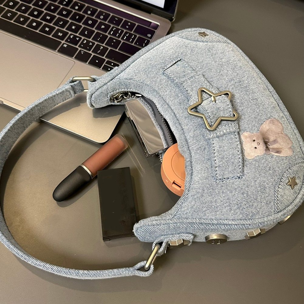 Women Shoulder Handbag Vintage Y2K Casual Hobos Denim Star Decor Solid Color Underarm Bag for Girls Ladies Purse Tote Bag Bolsa