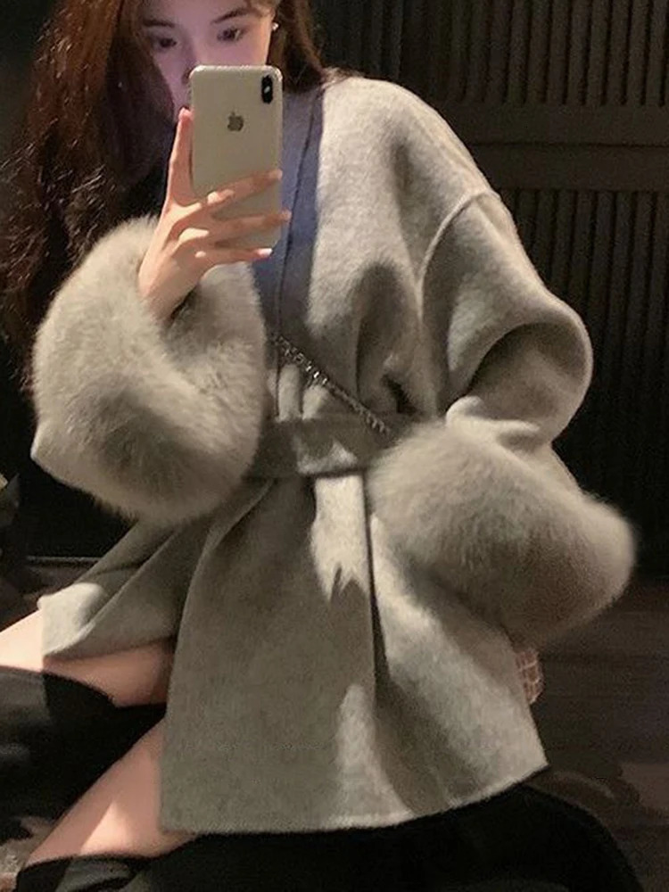 UCXQ Elegant OL Office Womens Coat Fur Patch Work Long Sleeve Wool Coat Beautiful Womens Clothing Jacket Autumn 2024 Spring 241111