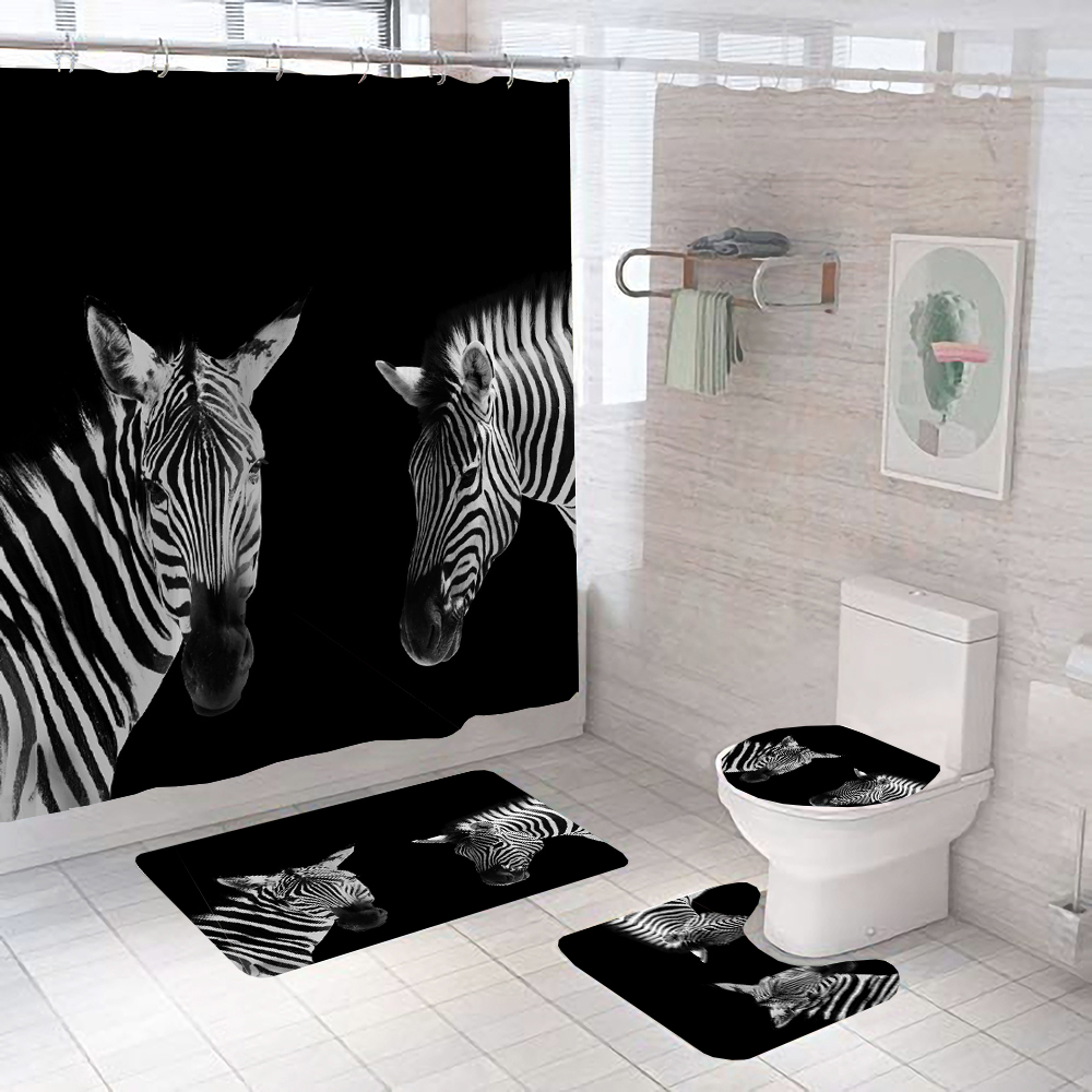 Zebra Animal Bath Shower Curtain Waterproof Polyester Washable Non-Slip Mat Rugs Carpet Toilet Seat Cover Bathing Bathroom Decor