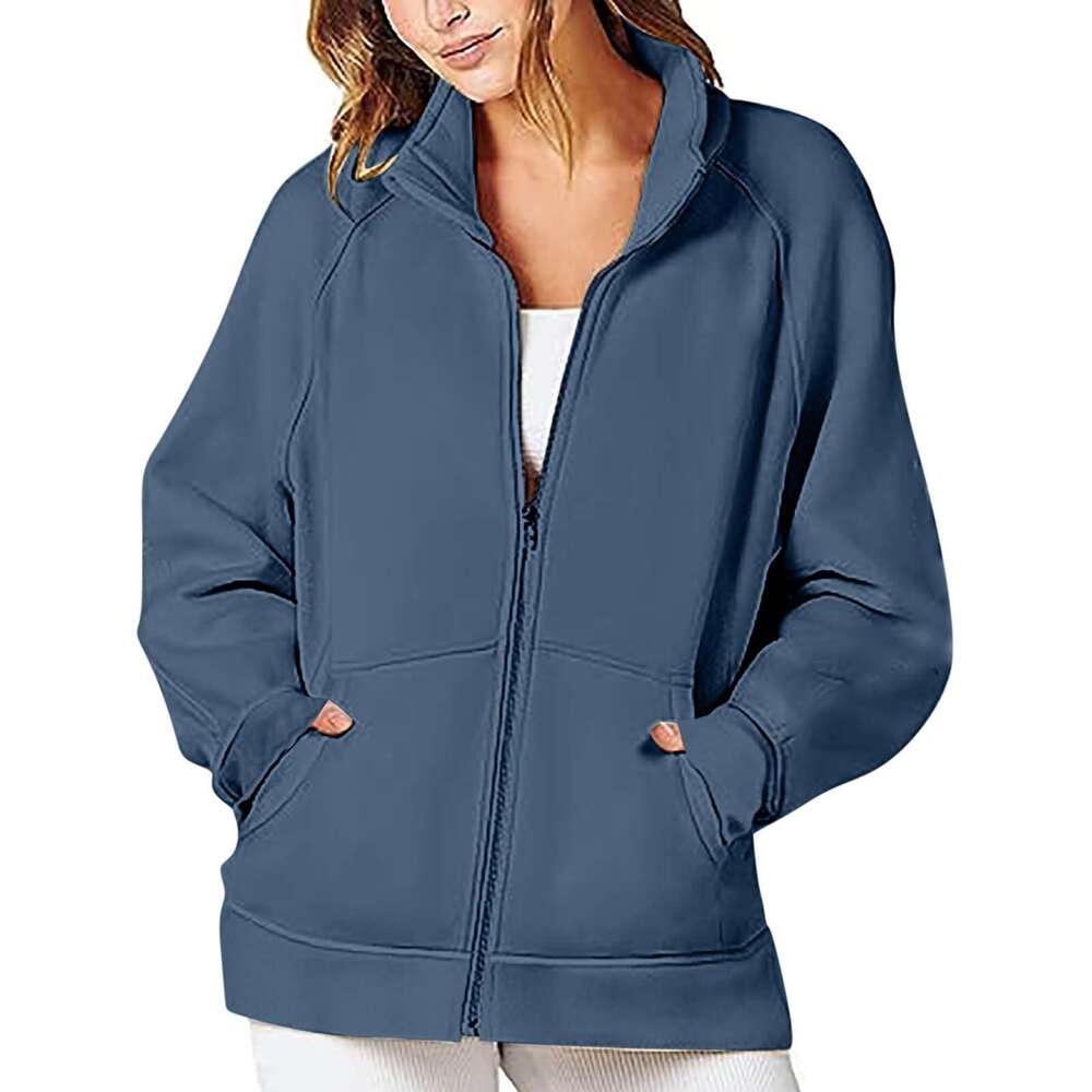 shanshi leather jacket women Autumn and Winter 2023 Pocket Insert Long Zipper Sports Sweater Women's Loose Casual Coat ()