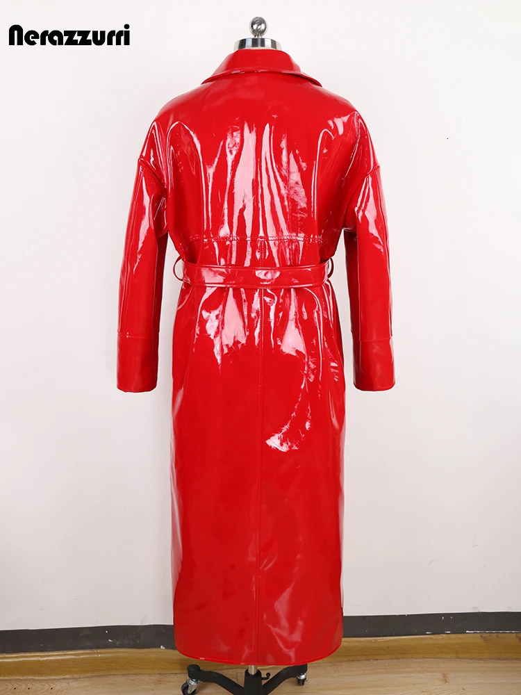 Blue and Black Legion Spring and Autumn Long Gloss Reflective Red Artificial Patent Leather Trench Coat Womens Loose Casual Runway Fashion 241107