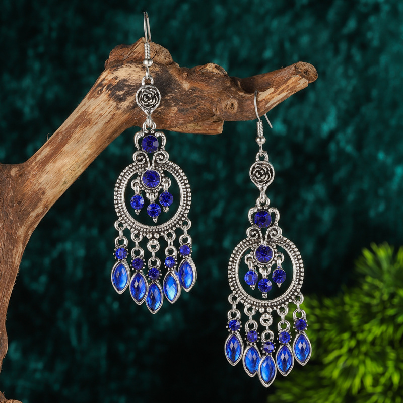 Bohemian Vintage Round Water Drop Tassel Dangle Earrings for Women Ethnic Long Rhinestone Hollow Hanging Earrings Party Jewelry