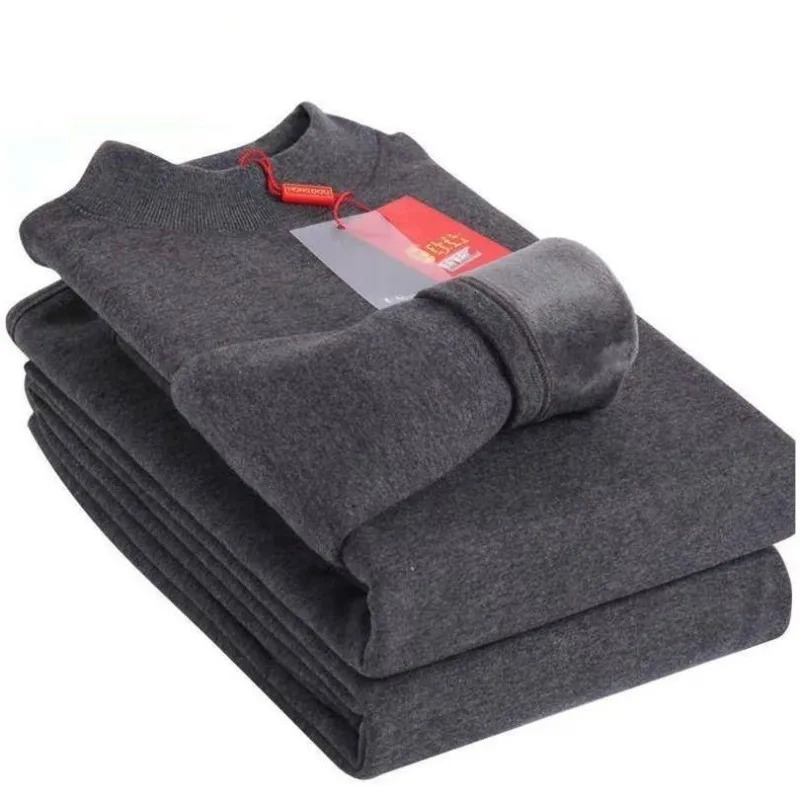 Two Pieces Warm Casual Men Pajama Sets Solid Color Round Neck Thickened Fleece High Quality Winter Autumn Underwear 241111