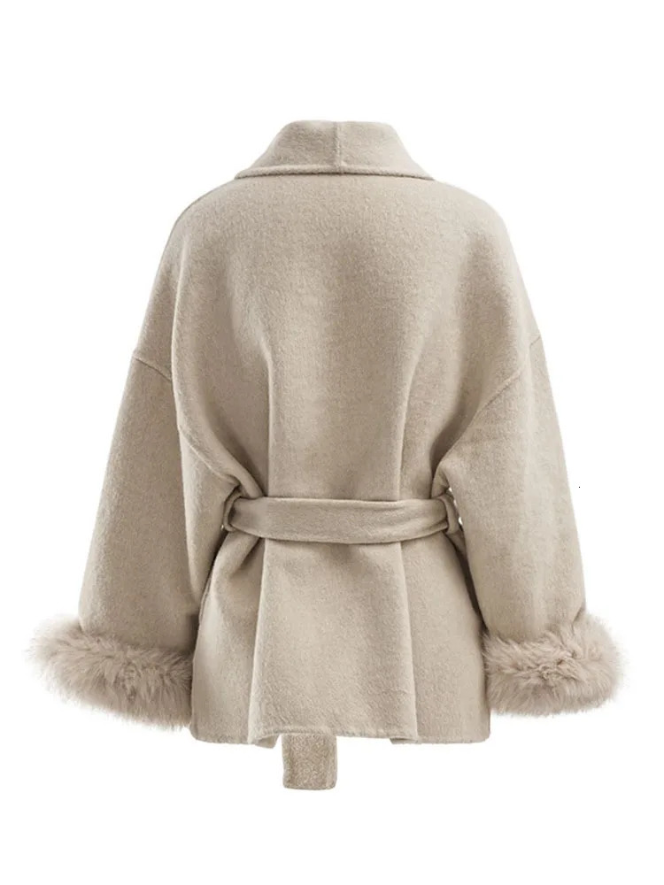 EOEN Fashion Womens Brown Wool With Notched Collar Loose Waist Belt Fury Long Short Sleeved Blended Coat Autumn/Winter 2025 Collection