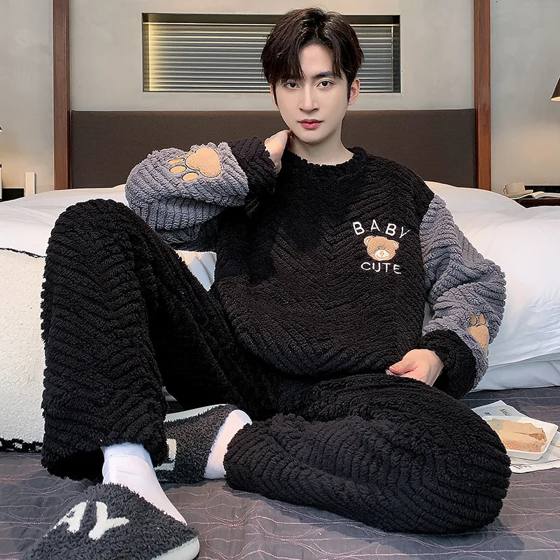 Higher Quality Thickened Warm Plus Size Mens Pajamas Autumn and Winter Student Nightwear Loungewear Striped Sleepwear Homewear 241111