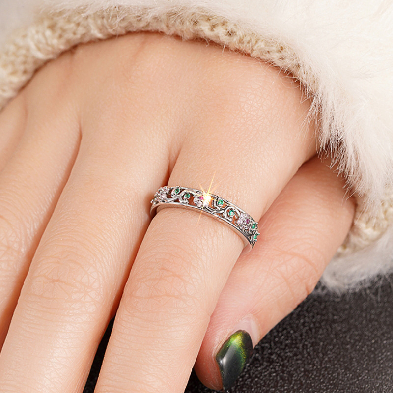 Classic 925 Sterling Silver Flower Ring Purple Diamond Ring Green Crystal Solitaire Ring Luxury Wedding Ring Party Dress Jewelry