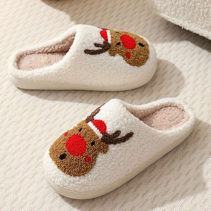 Christmas Christmas Deer Red Cartoon Indoor Soft Sole Plush ed Bedroom Cozy Shoes, Non-slip Mute Slippers, Winter & Autumn