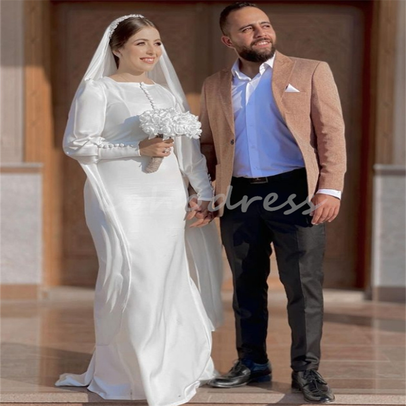 Simple Mermaid Wedding Dresses With Button White Arabic Dubai Boho Country Bride Dress Long Sleeve Civil Bridal Gown 2025 Robe De Mariee