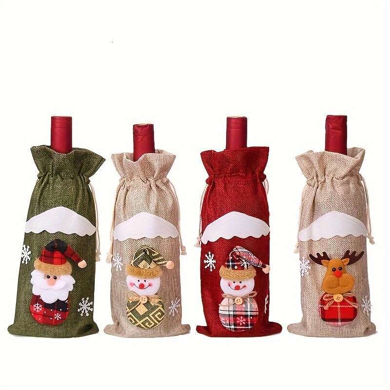 Christmas 4pcs Red Wine Bottle Santa Claus Christmas Decoration Set for Holiday Hotel Candy Gift .