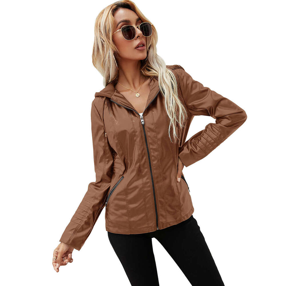 shanshi leather jacket women Hooded zipper long sleeved solid color women's leather jacket for women