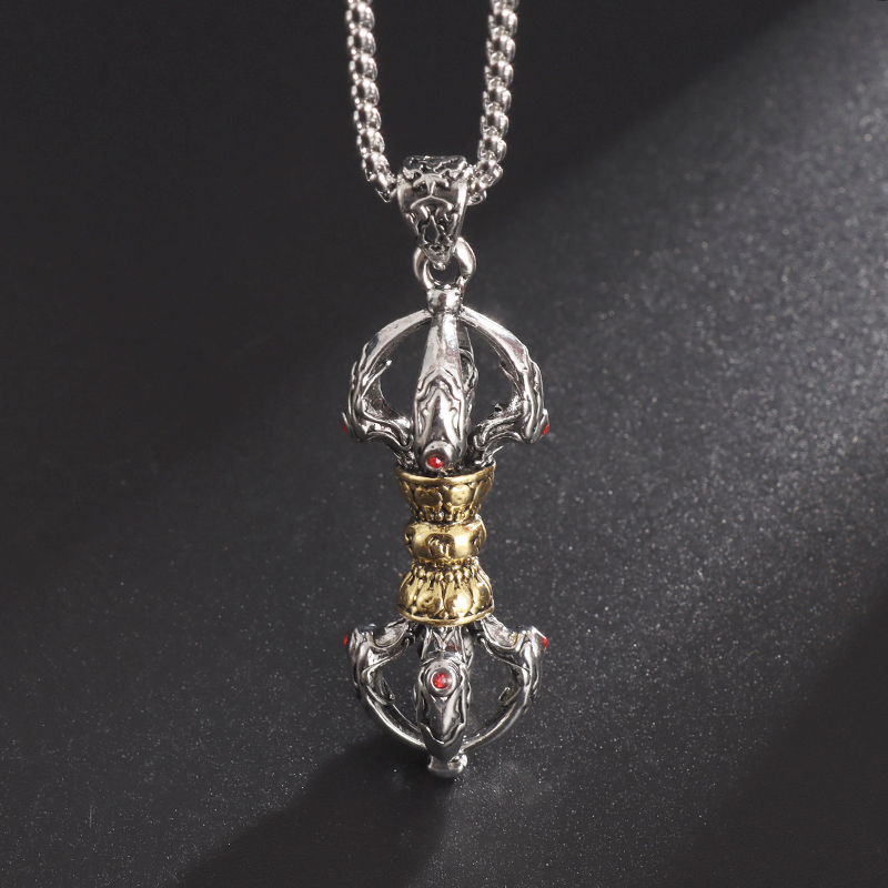 Vajra Tibetan Handle Pendant Necklace Men's Retro Ethnic Style Buddhist Amulet Pendant Classic Personality Trend Prayer Gift