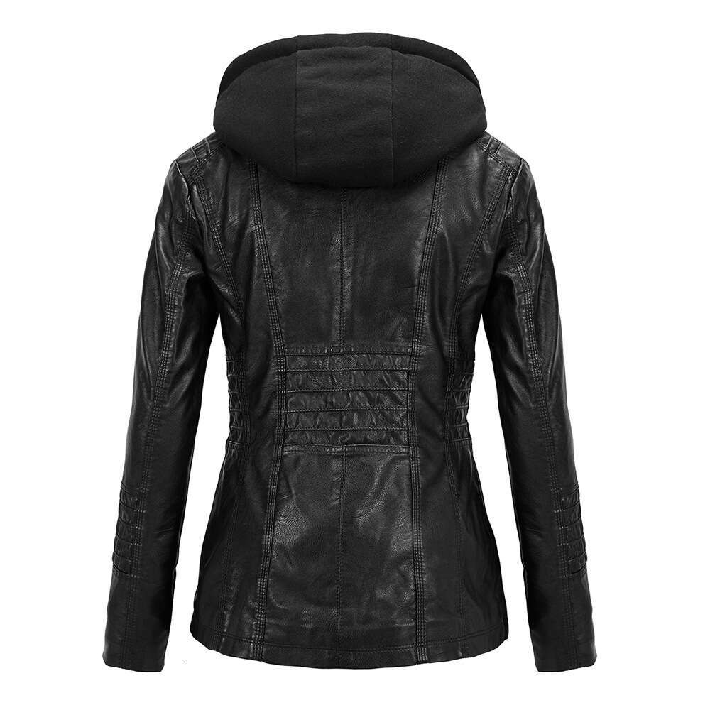 shanshi leather jacket women Long sleeved motorcycle PU women's short detachable hooded slim fit leather jacket