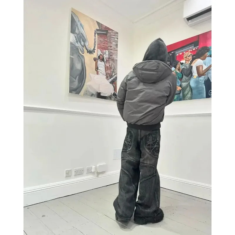 Street washed retro bagged jeans for men gothic hip-hop personality Harajuku fashion black straight pants Y2K wide leg unisex style 241108