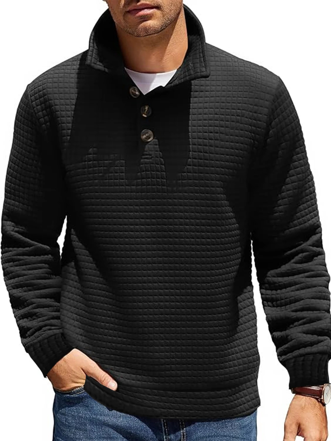 Waffle pattern solid color knitwear autumn and winter trend gentleman casual lapel long sleeve 241111