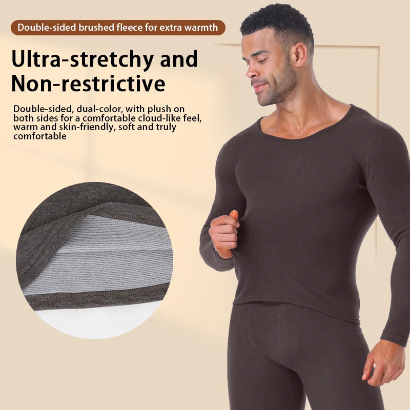 Winter Long Johns Mens Thermal Underwear Thickened Cashmere Silk Base Layer Set Fleece Warm Pajamas Round Neck 241111