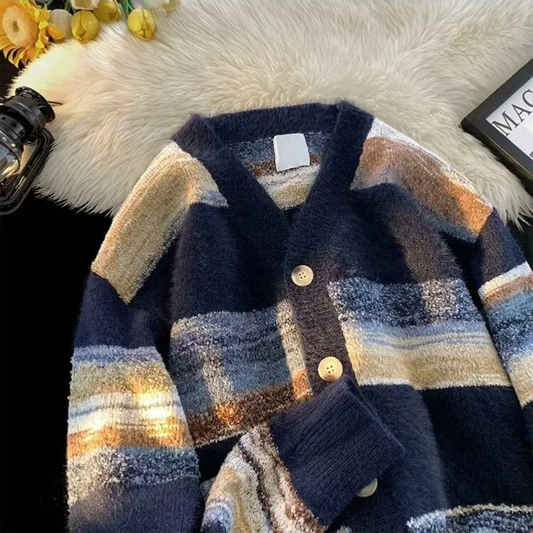 American Retro Lazy Striped Open Cardigan Knitted Sweater Jacket Loose Couple For Men And Women Casual VNeck Pullovers 241111