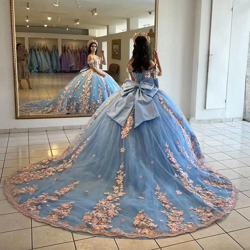 Sky Blue 3D Floral Lace Princess Quinceanera Dresses Off Shoulder Bow Corset Charro Prom Sweet 15 Vestidos De XV Anos BC18585