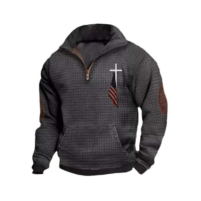 2023 Men's Casual Fashion Zipper Collar Waffle Printed Hoodie