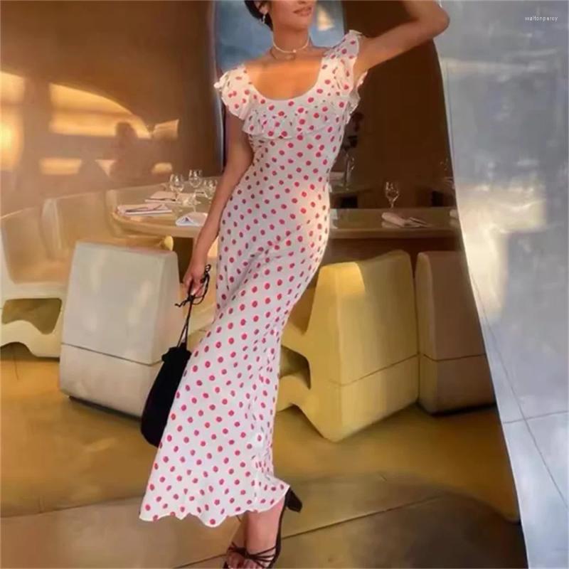 Casual Dresses French Elegant Red Polka Dot Midi Dress For Women 2024 Summer Temperament Ladies Ruffle Edge Holiday Long Robes