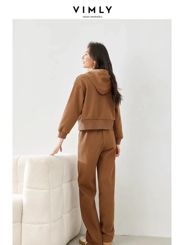 Vimly Fleece Tracksuit Womens Coffee Sports Two Piece Pants Hooded Sweatshirt Wide Leg Sweatpants Matching Set M3736 241111