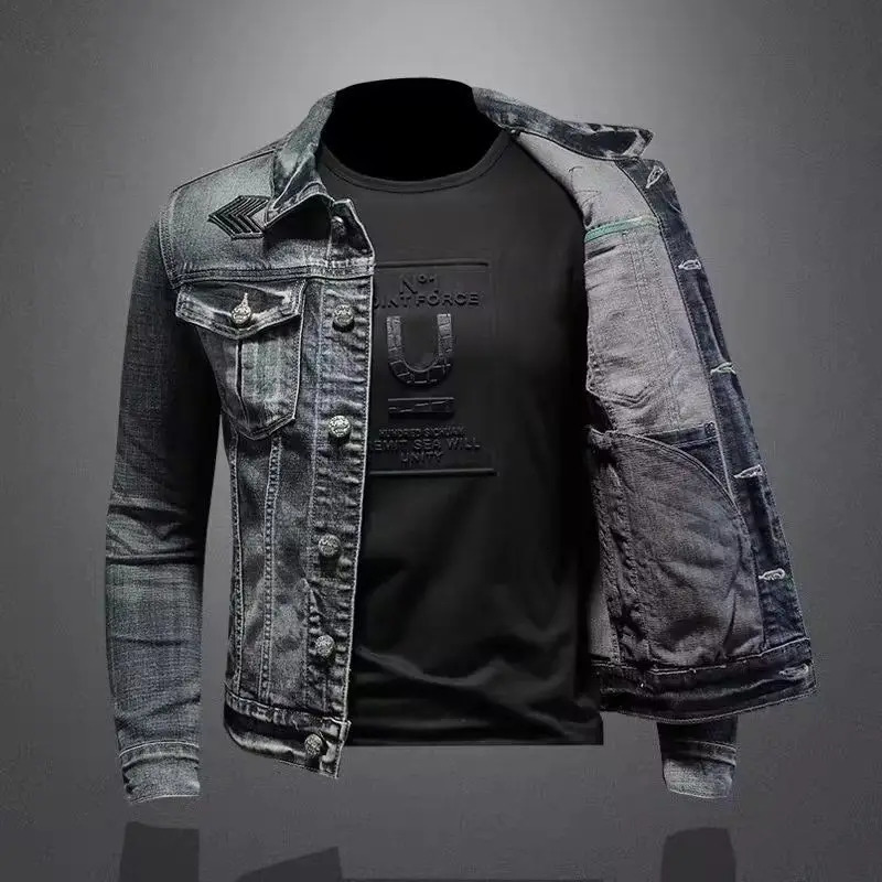 Mens retro denim jacket High Street trend loose street cyclist clothing handsome casual button up collar mens clothing 241108