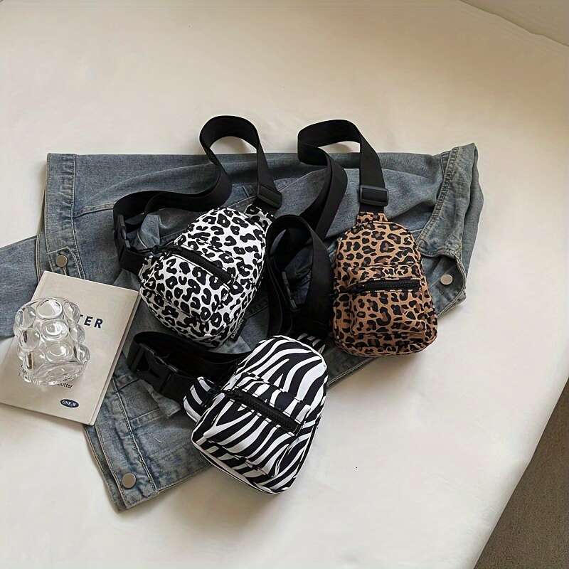 Fashion Mini Crossbody Bag with Zipper Closure Stripe Pattern Nylon Material in White, Black, Brown Colors - Perfect for Daily Use, Travel, and Sports