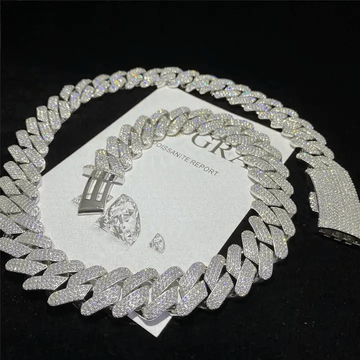 Fashion Jewelry 3ex D Color VVS Moissanite Cuban Chain With Hip Hop Custom Size Sier Necklace For Men Women