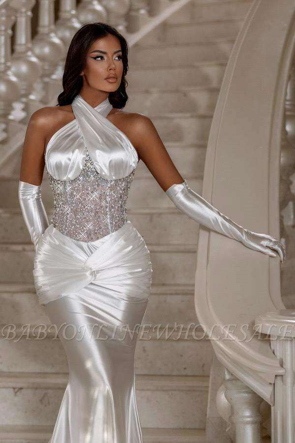 Halter Prom for Women Rhies Trumpet Pleat Satin Evening Dress Vestidos De Fiesta Custom Made Plus Size