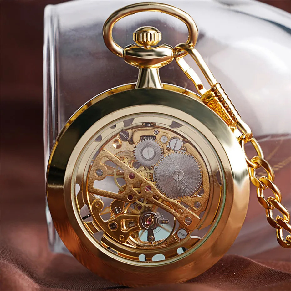 Transparent open hollow skeleton mechanical pocket watch hand cranked retro clock birthday gift with pocket chain reloj 241108