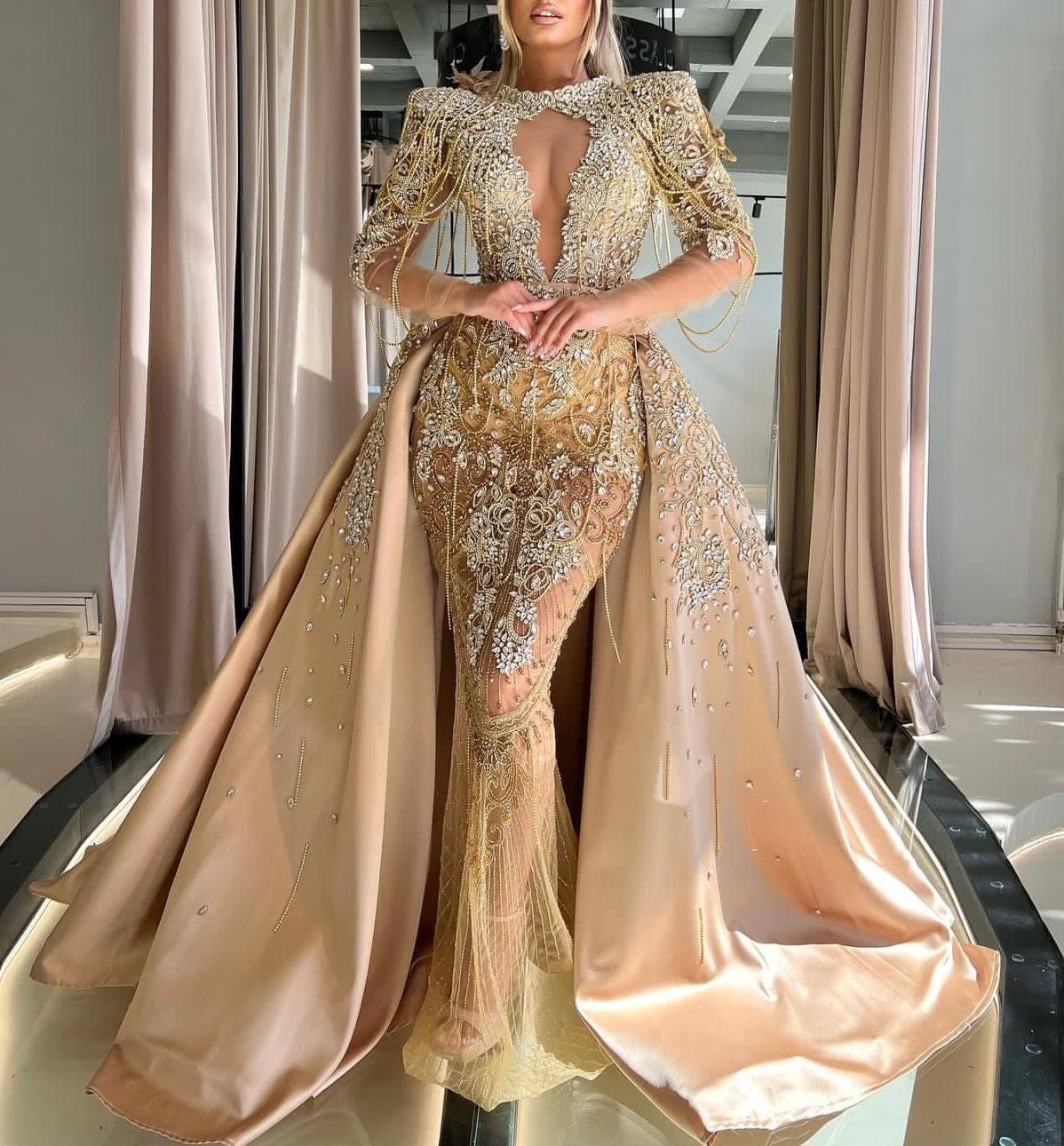 2024 Aso Ebi Arabic Gold Mermaid Prom Dress Beaded Crystals Satiin Evening Formal Party Second Reception Birthday Engagement Gowns Dresses Robe De Soi
