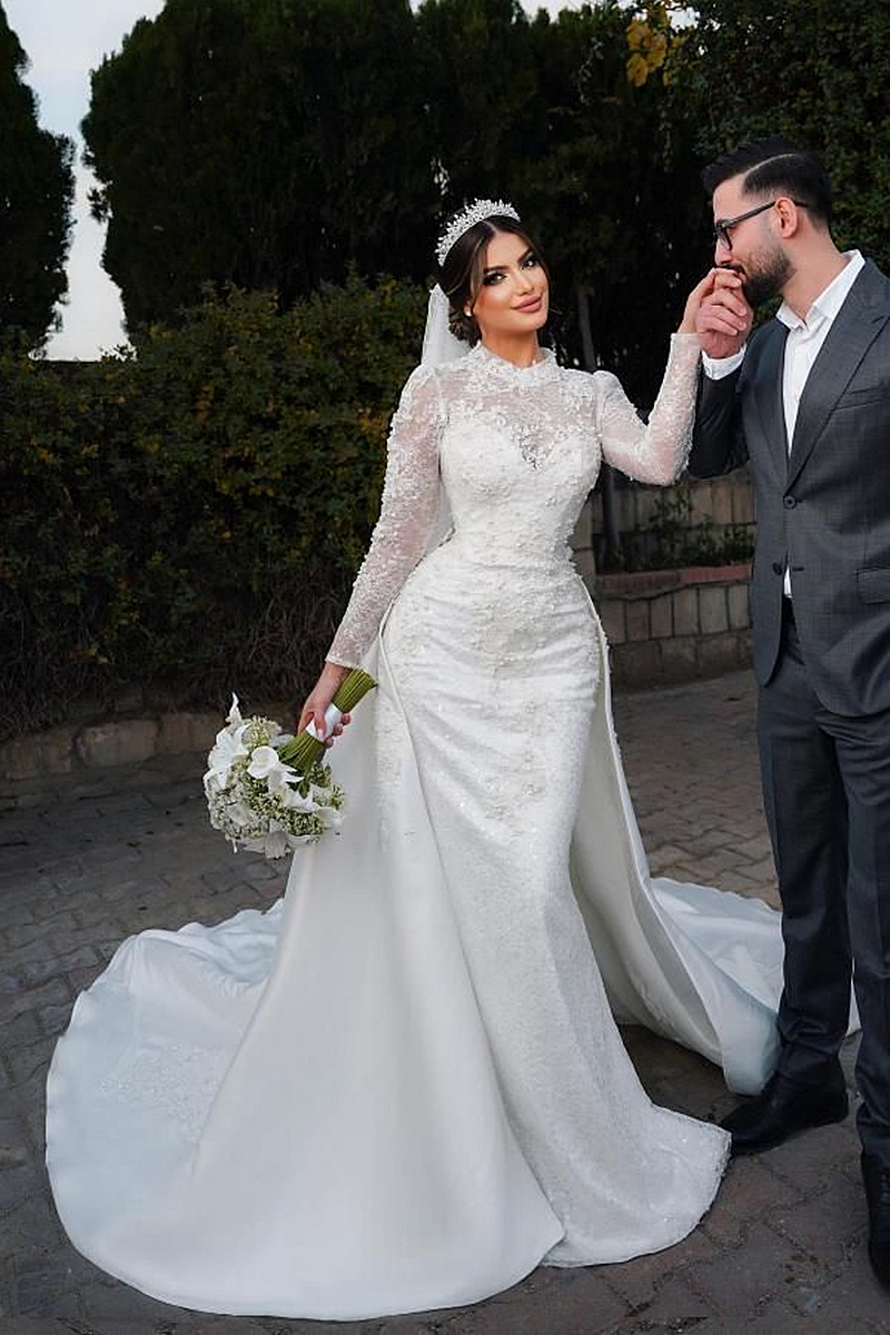 urious Arabic Dubai Lace Mermaid Wedding Dresses With Detachable Skirt Pearls Beaded Long Sleeves Elegant Ivory Bridal Gowns Chapel Train Church Vesti