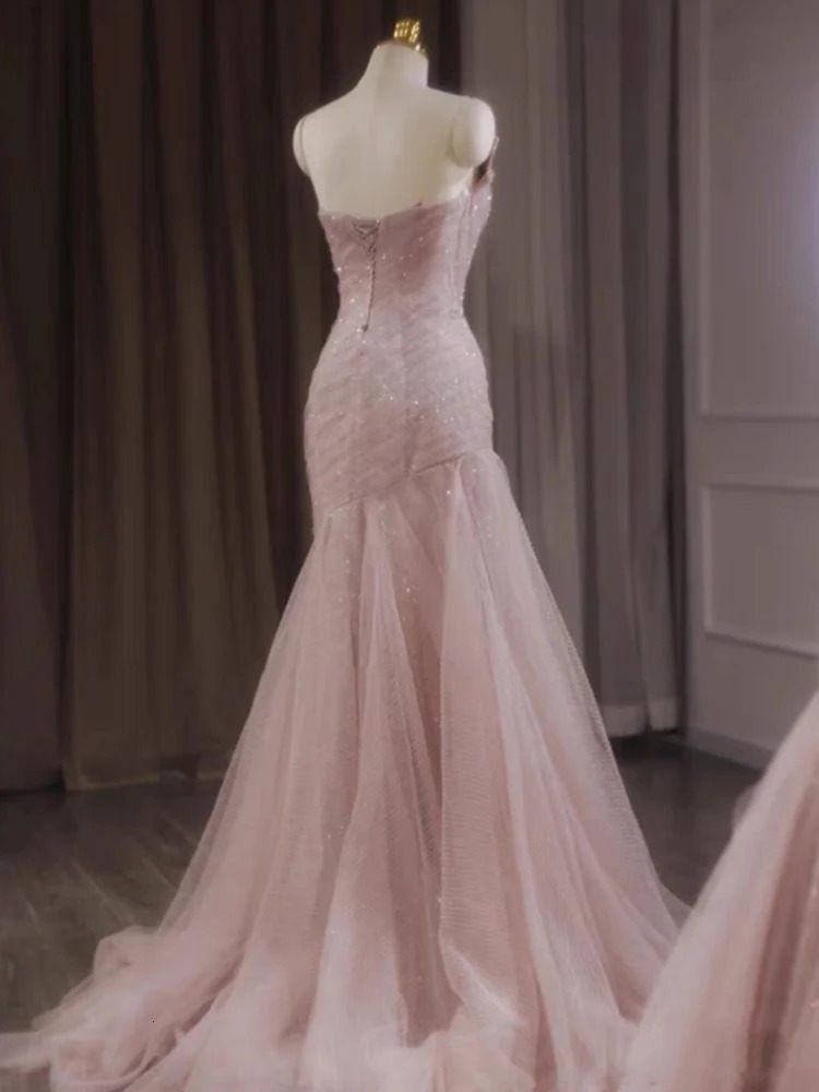 Rose Pink Mermaid Evening Dresses Pleat Asymmetry Chain Shiny Sequined Long Slim Fairy French Celebrity Prom Party Gowns Woman 240401
